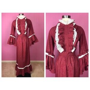 Rococo meets 70s Prairie Dress / 1970s Red with White Eyelet Ruffle Maxi Dress